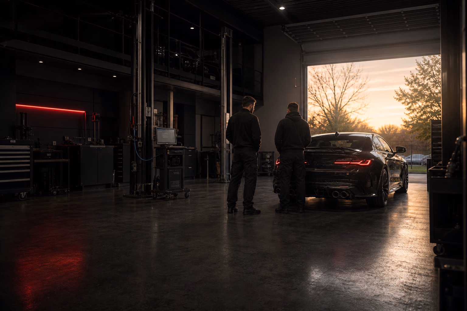 Vue large d’un atelier automobile avec deux techniciens et un véhicule fermé