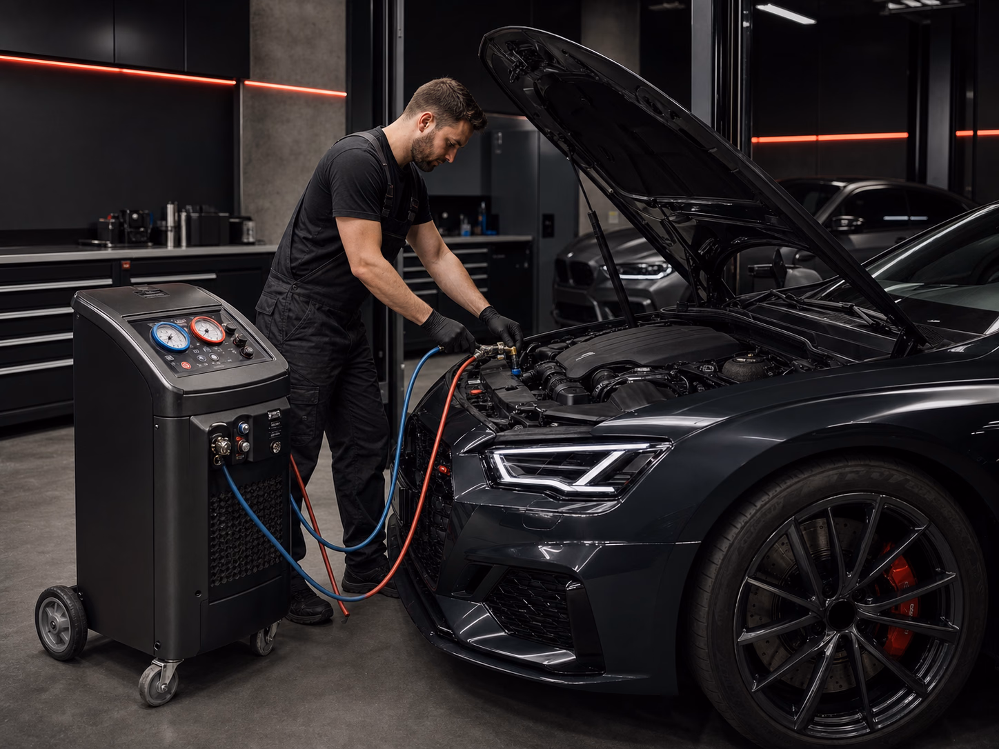 Technicien rechargeant la climatisation d’un véhicule en atelier