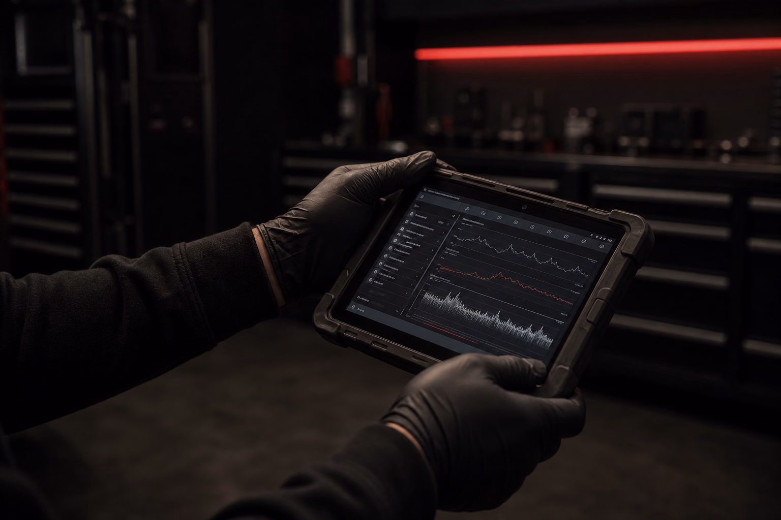 Mains gantées consultant une tablette de diagnostic automobile