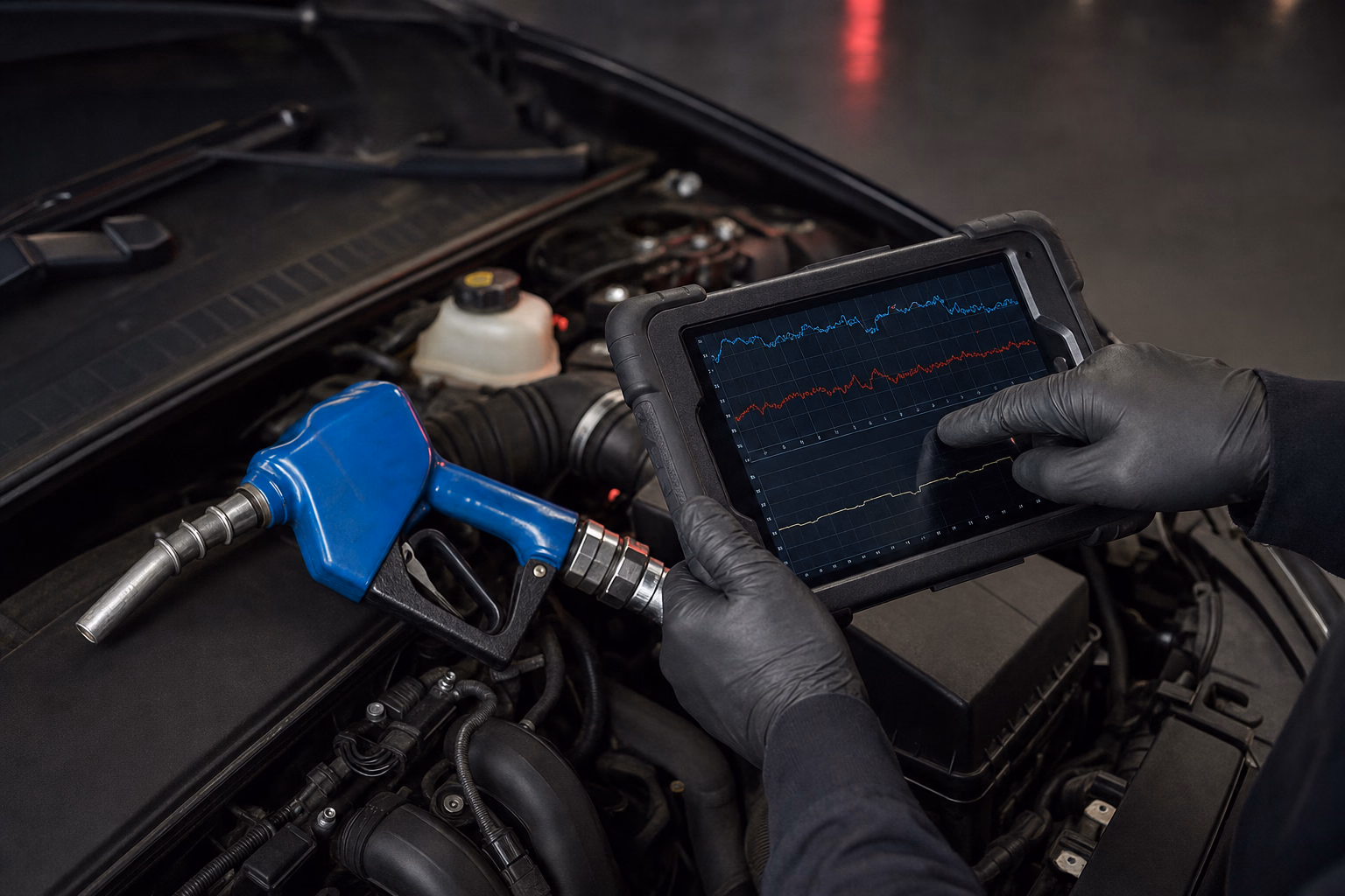 Illustration d’un contrôle de paramètres moteur avec une tablette et un pistolet de carburant bleu