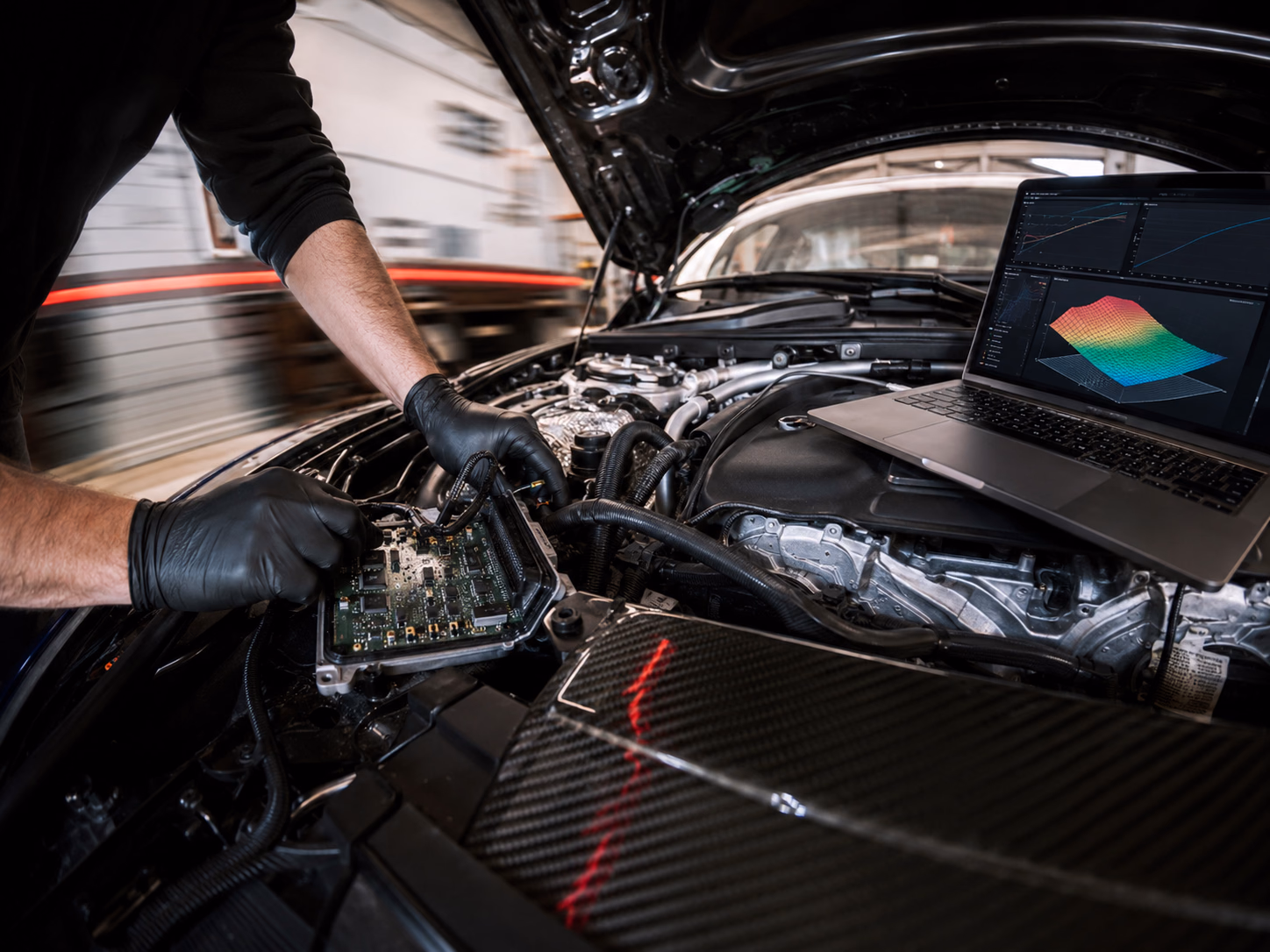Technicien SC PERF contrôlant un moteur avant une reprogrammation à Orléans