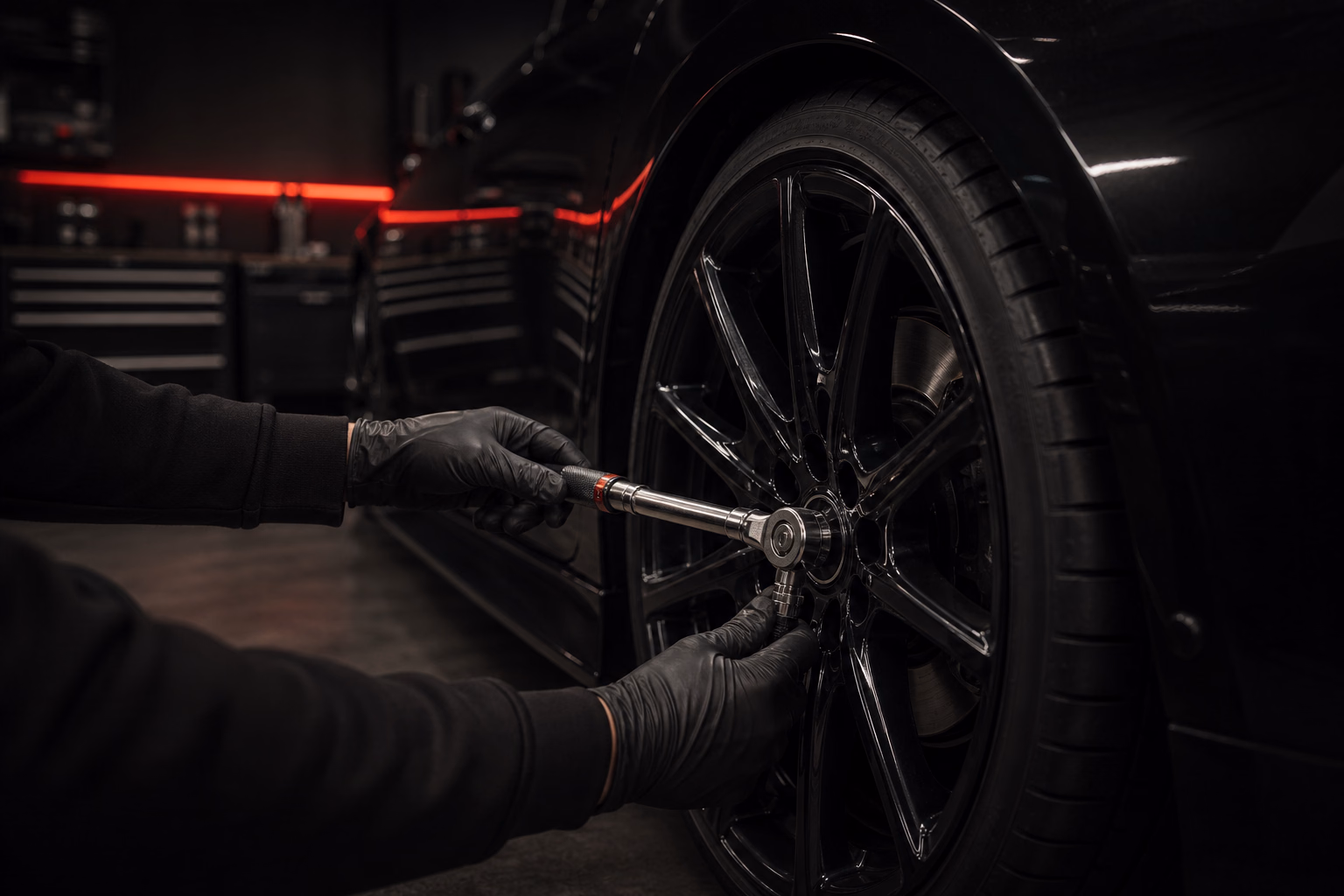 Mains gantées serrant une roue avec une clé dynamométrique